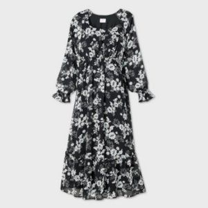 Isabel Maternity Black with Floral Print Long Sleeve Chiffon Dress
